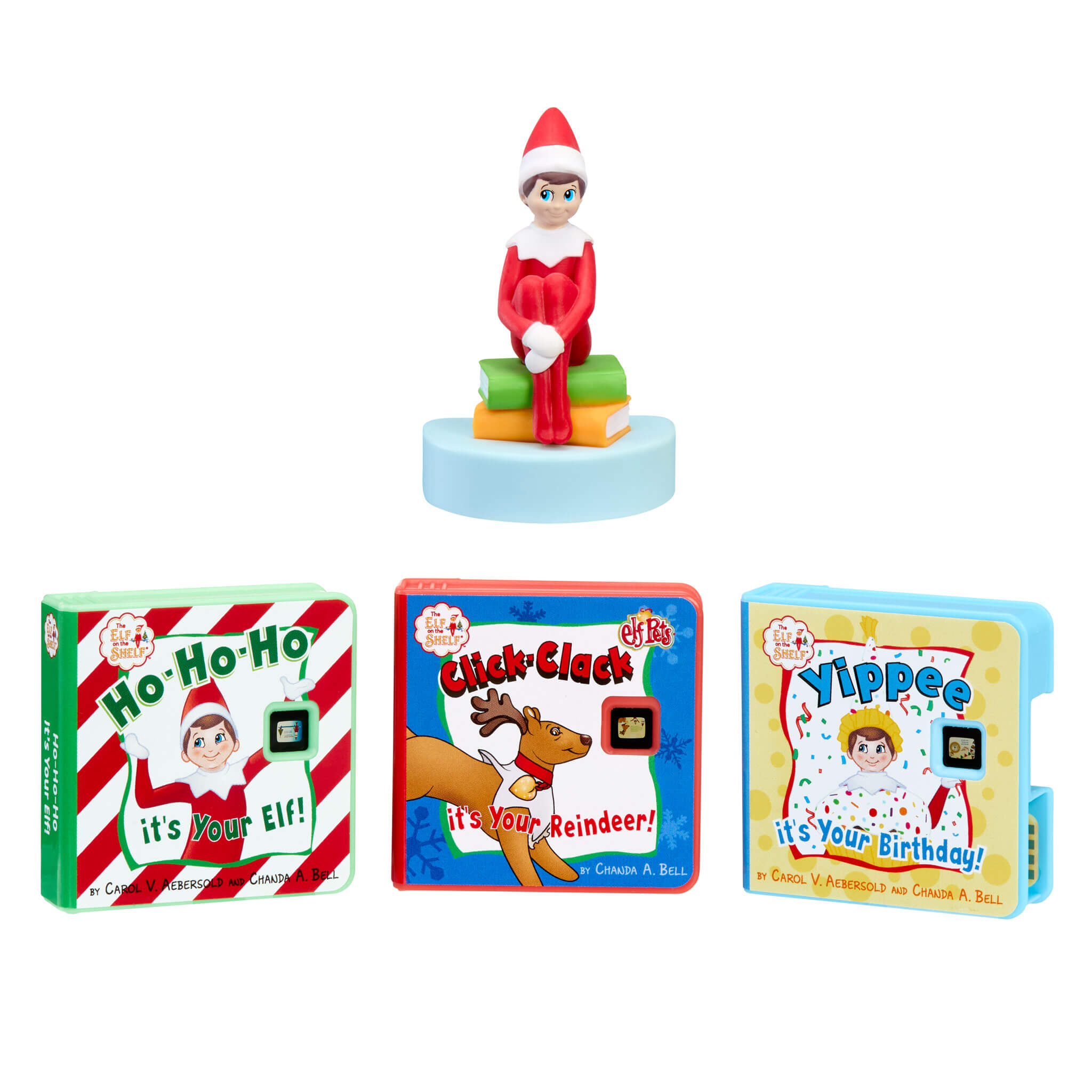 Elf on the Shelf figurine with three books titled 'Ho-Ho-Ho! It's Your Elf!', 'Click-Clack, It's Your Reindeer!', and 'Yippee, It's Your Birthday!'.