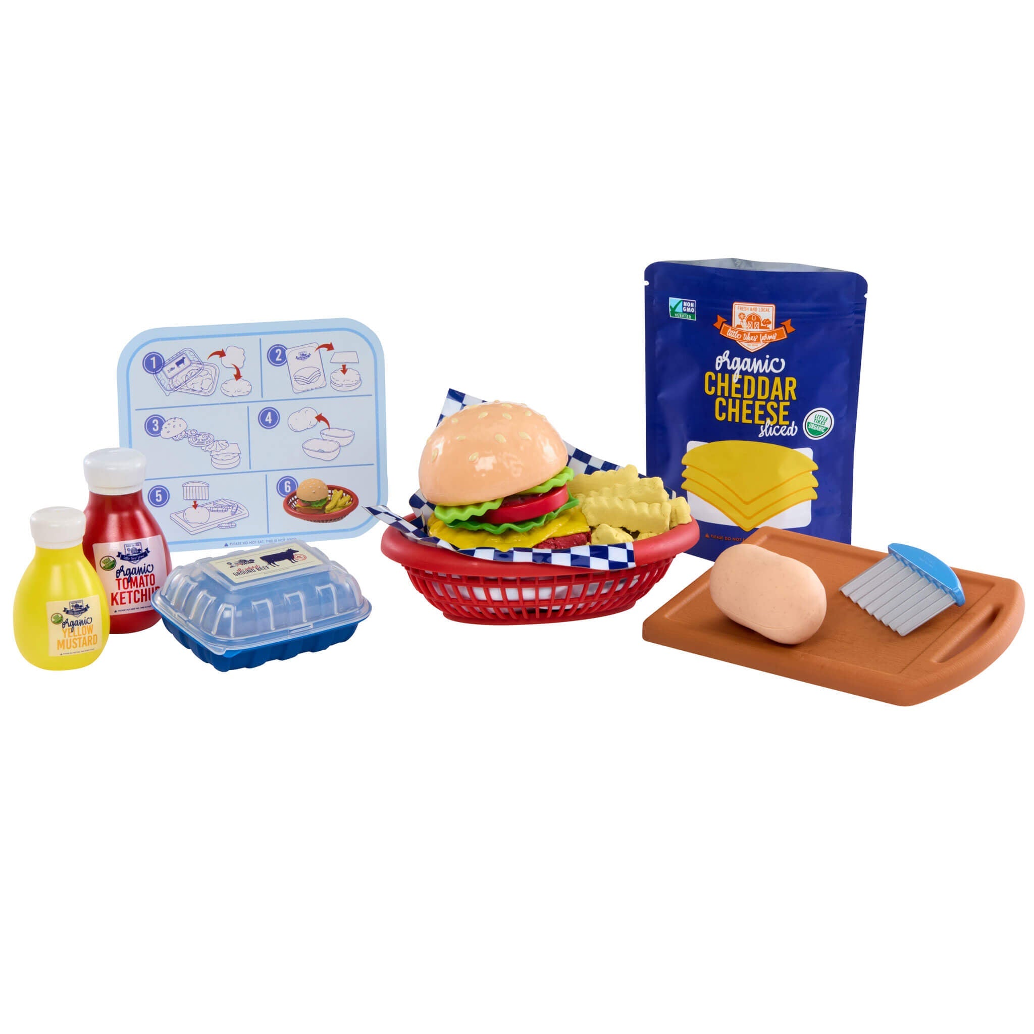 Playset with hamburger, cheese, and condiments on a white background